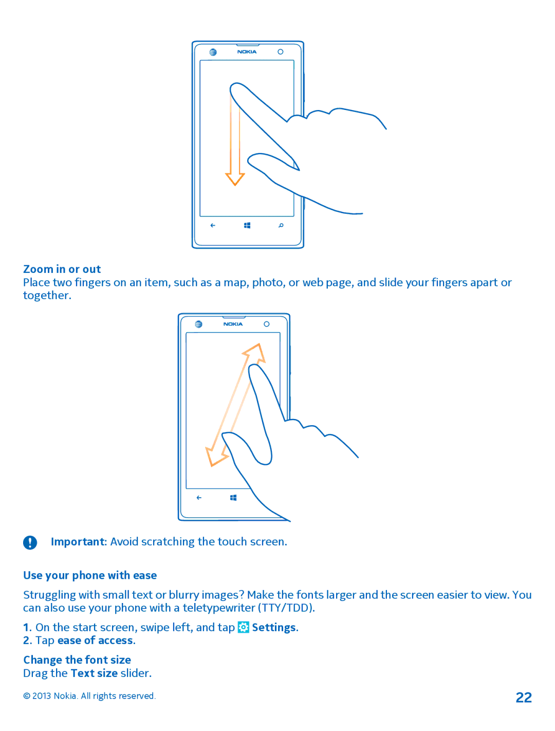 Nokia 1020 manual Zoom in or out, Use your phone with ease, Tap ease of access Change the font size 