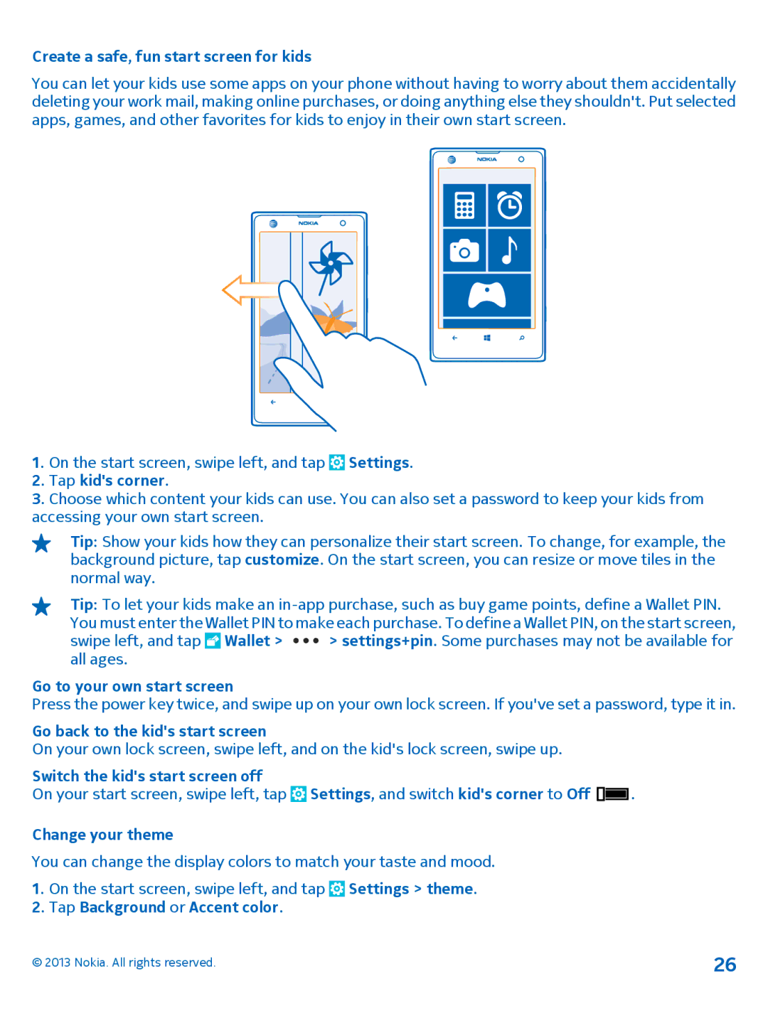 Nokia 1020 manual Create a safe, fun start screen for kids, Tap kids corner, Go to your own start screen, Change your theme 