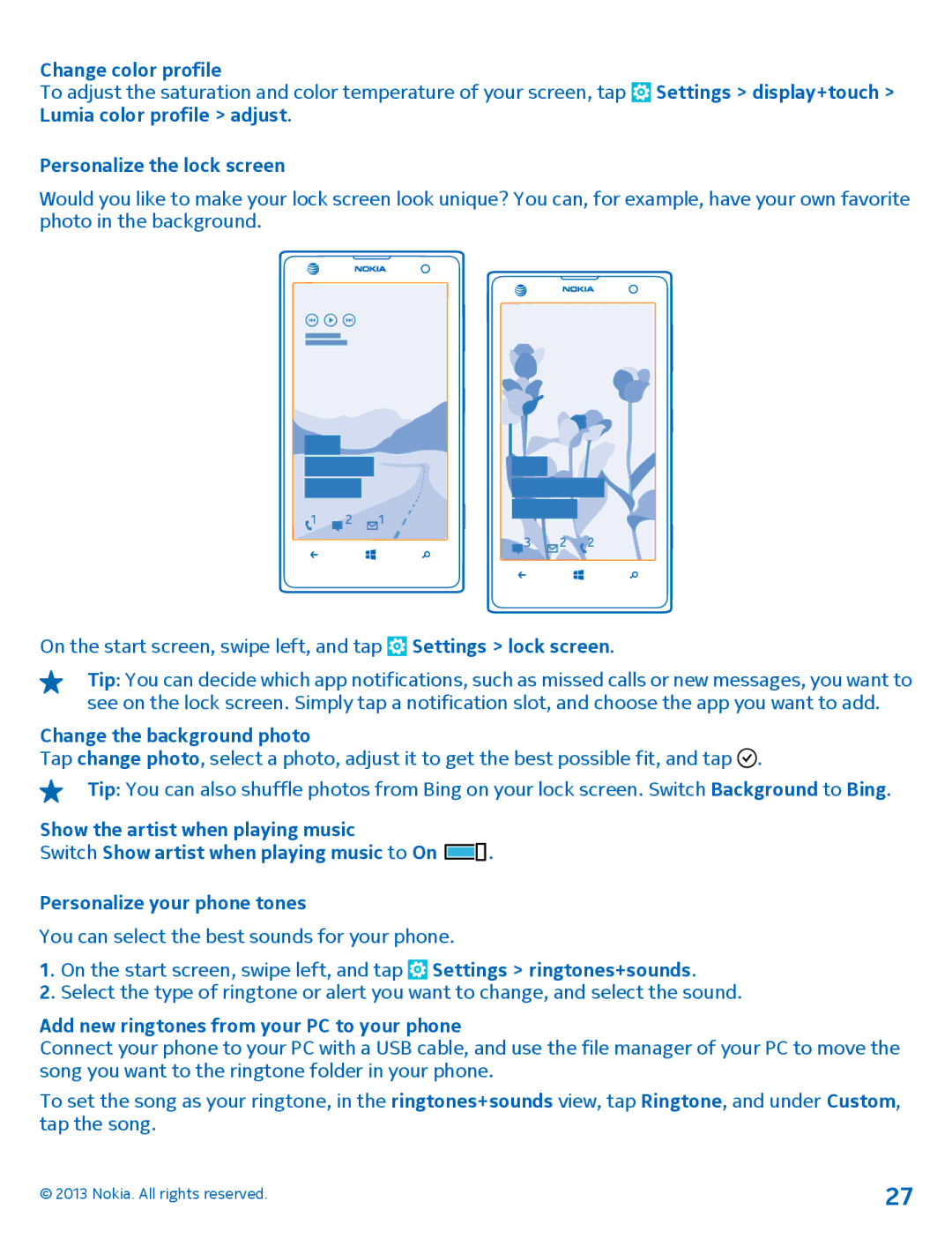 Nokia 1020 manual Change color profile, Personalize the lock screen, Change the background photo 