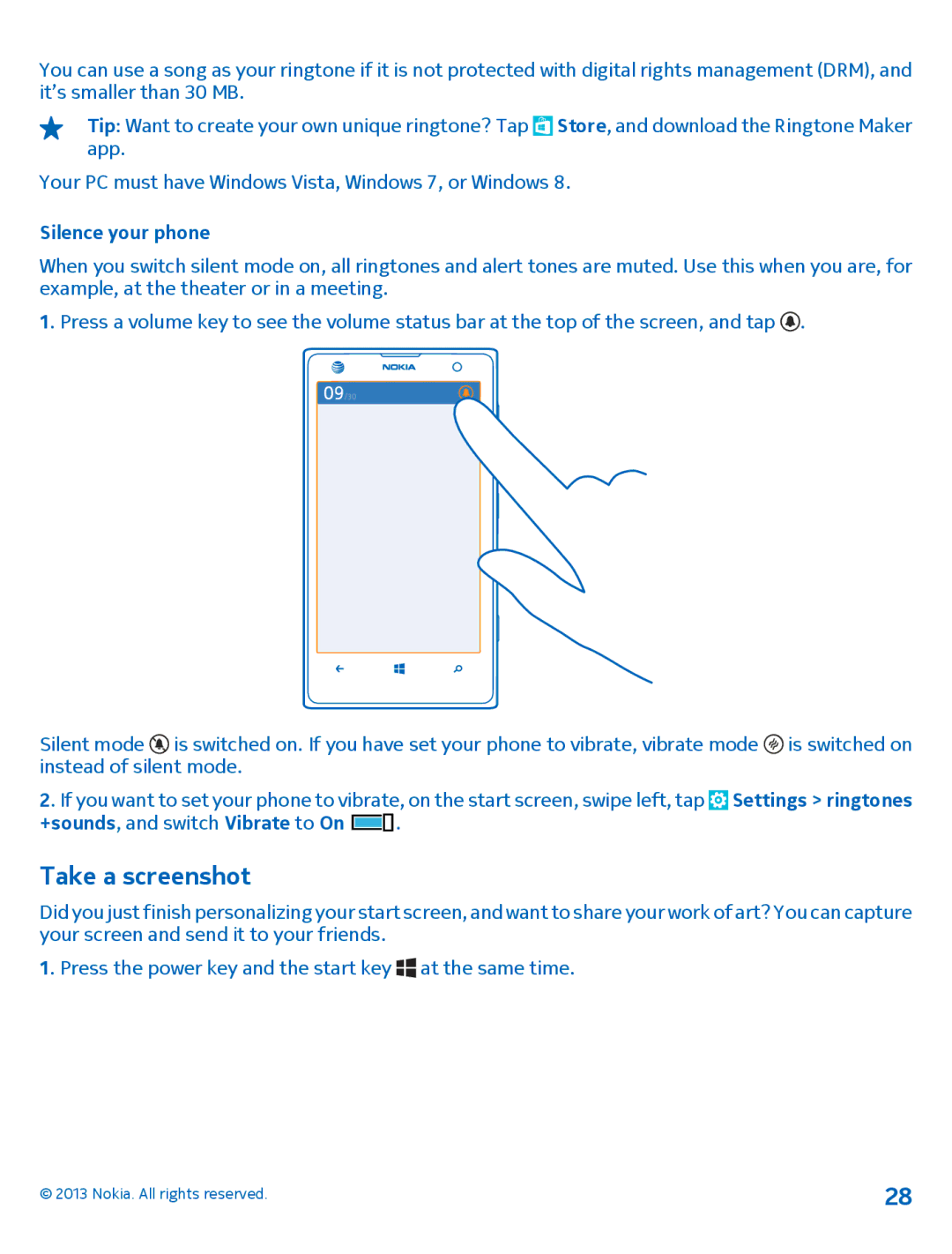 Nokia 1020 manual Take a screenshot, Silence your phone, +sounds, and switch Vibrate to On 