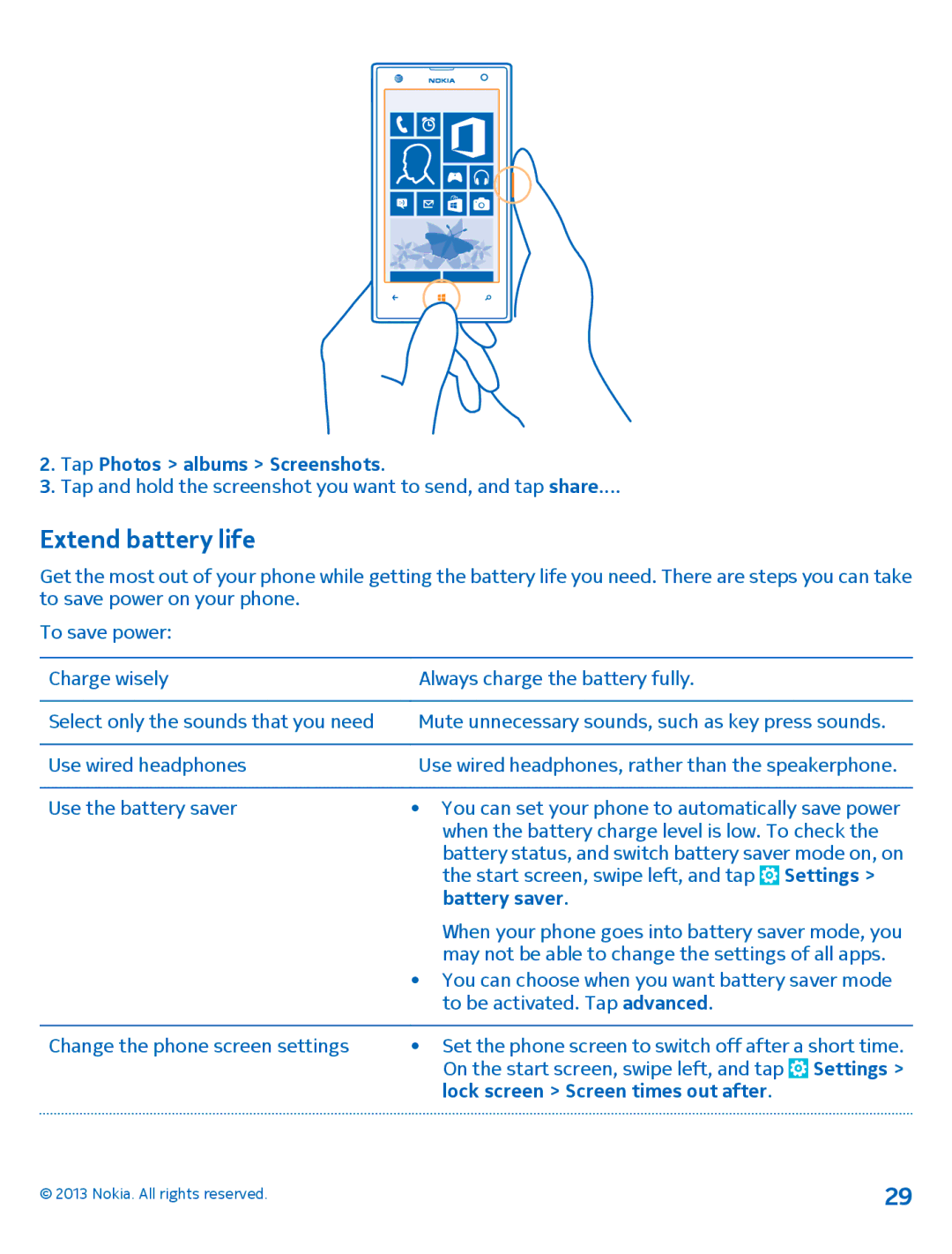 Nokia 1020 Extend battery life, Tap Photos albums Screenshots, Settings, Battery saver, Lock screen Screen times out after 