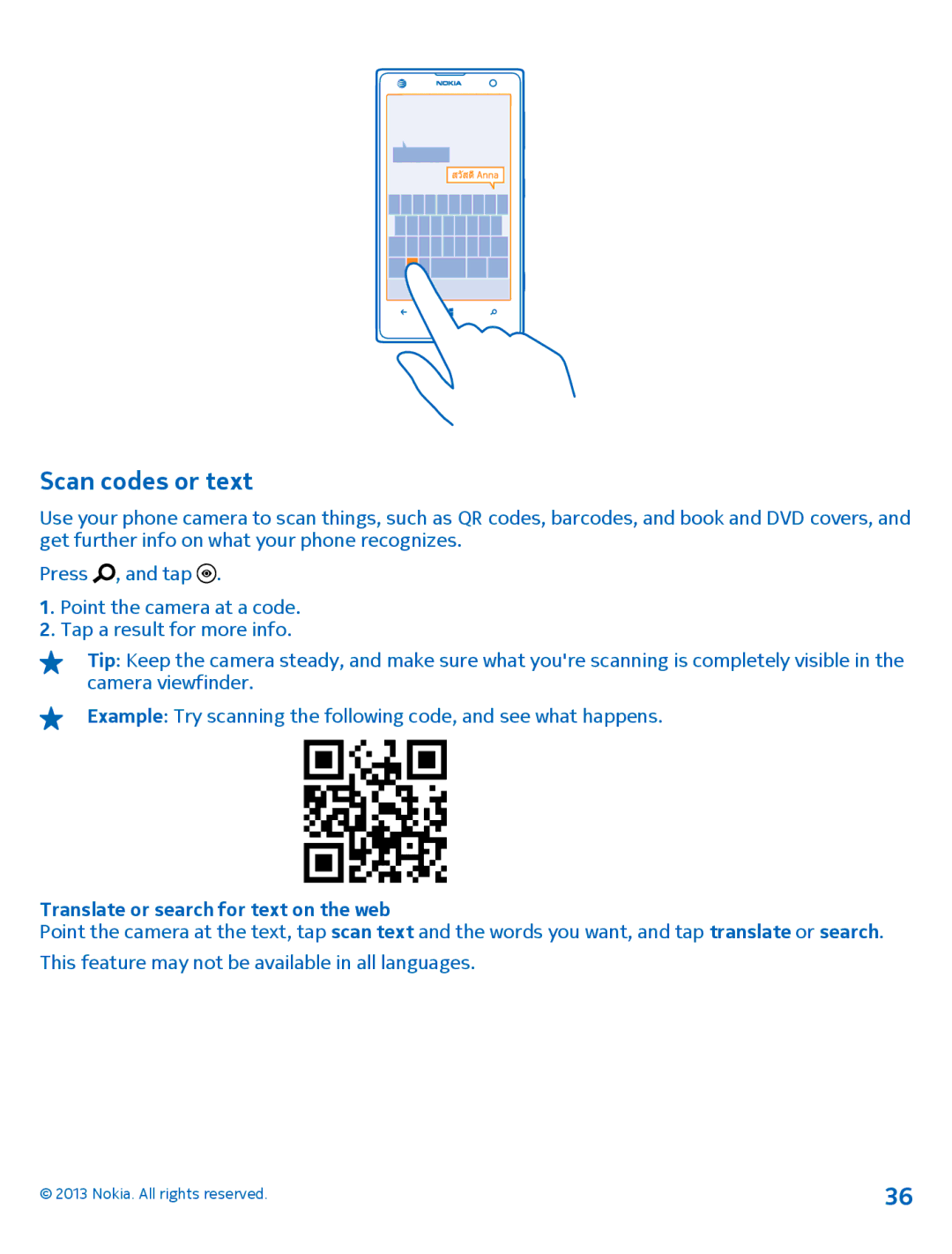 Nokia 1020 manual Scan codes or text, Translate or search for text on the web 