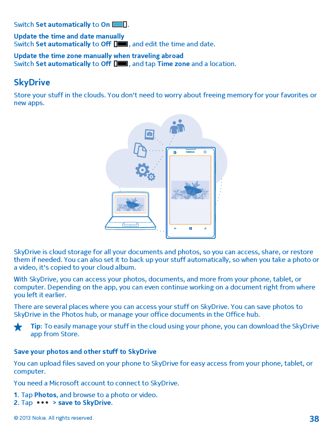 Nokia 1020 Update the time zone manually when traveling abroad, Save your photos and other stuff to SkyDrive 