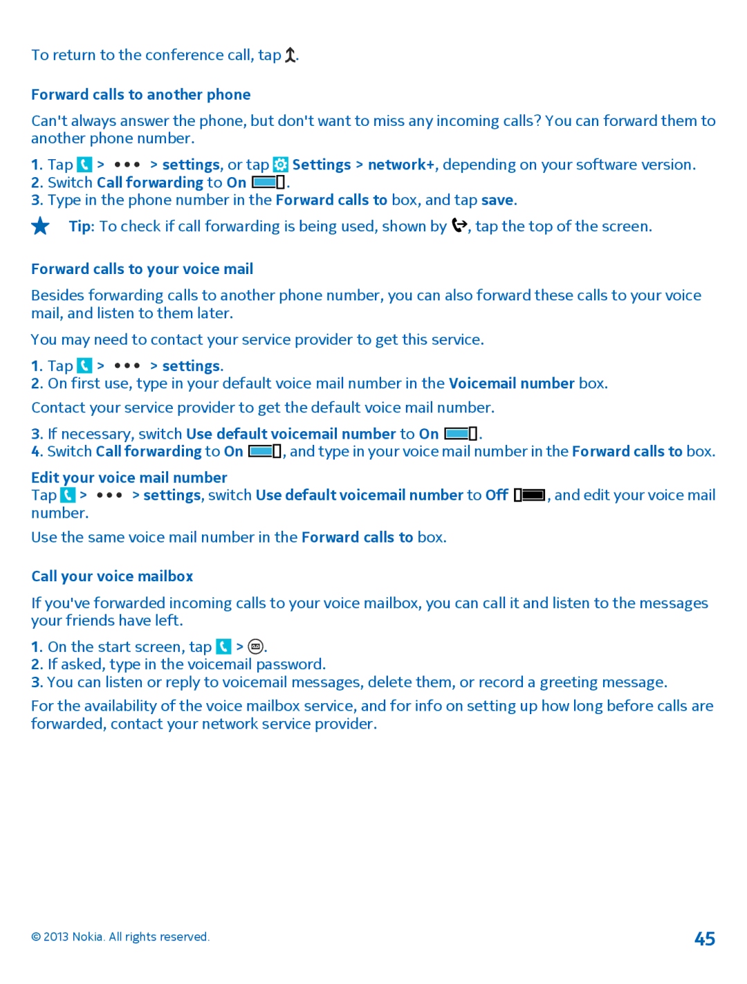 Nokia 1020 manual Forward calls to another phone, Switch Call forwarding to On, Forward calls to your voice mail 