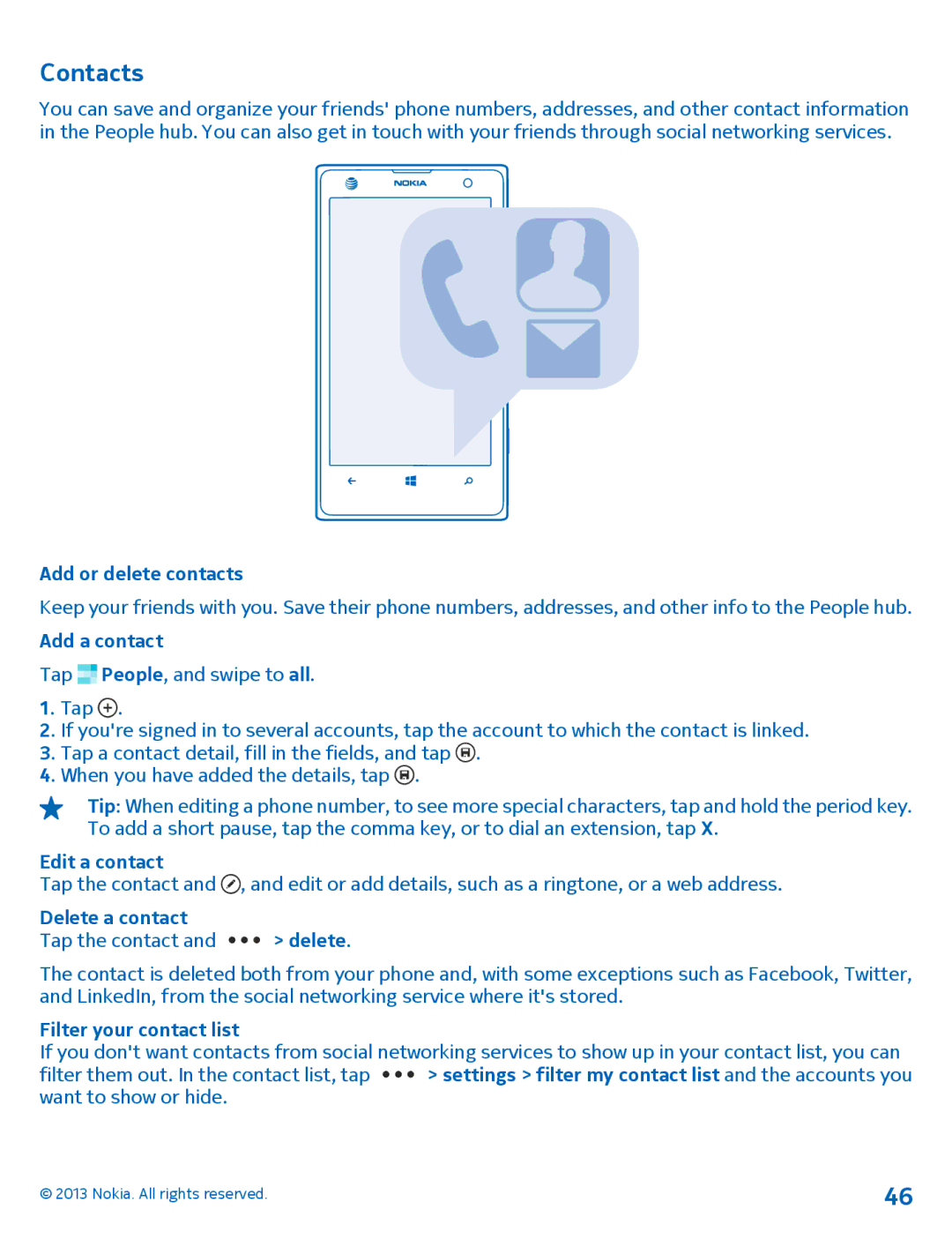 Nokia 1020 manual Contacts 