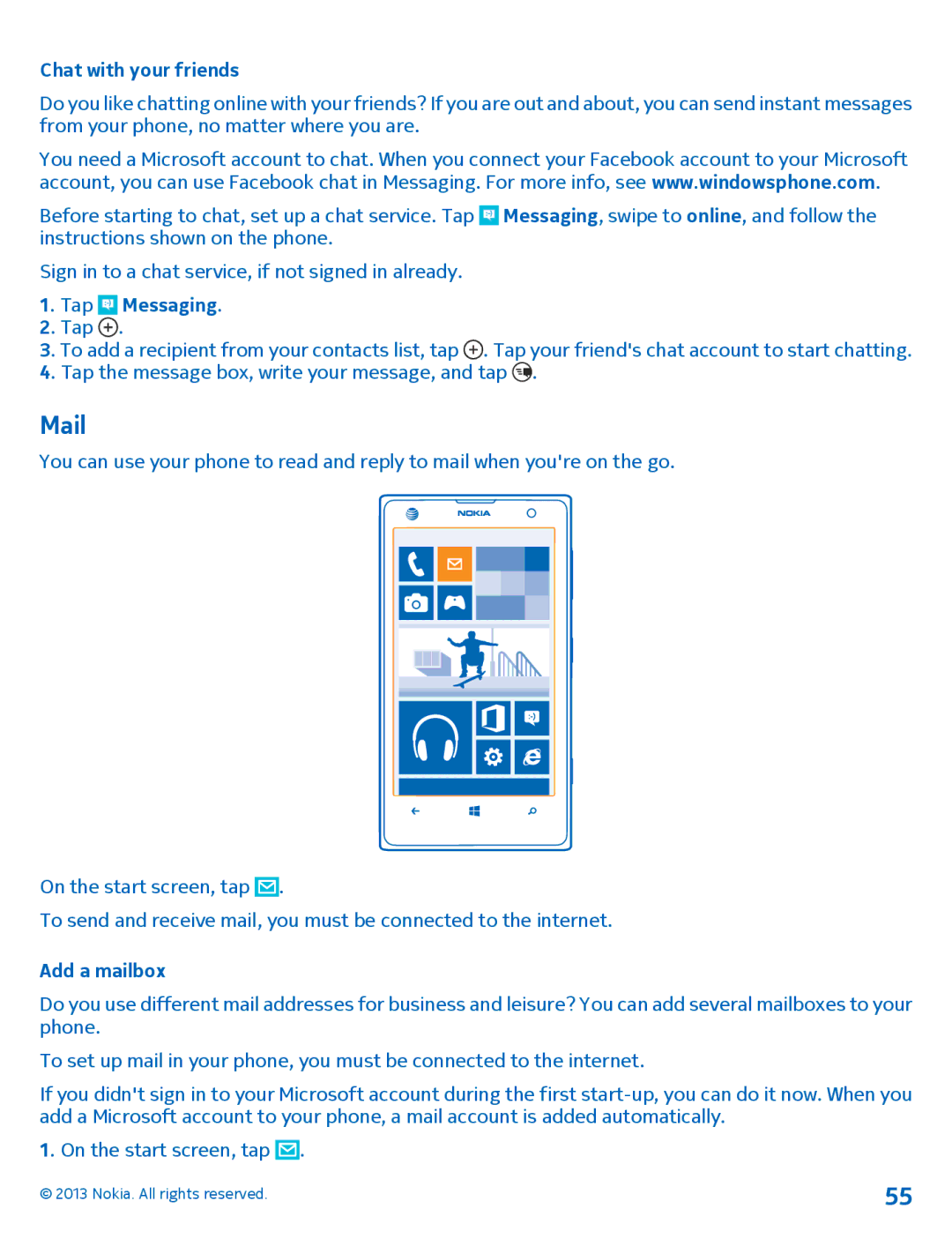 Nokia 1020 manual Mail, Chat with your friends, Add a mailbox 