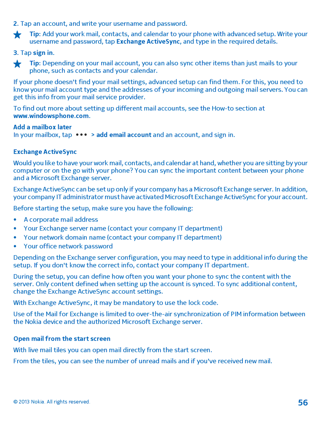 Nokia 1020 manual Tap sign, Add a mailbox later, Exchange ActiveSync, Open mail from the start screen 