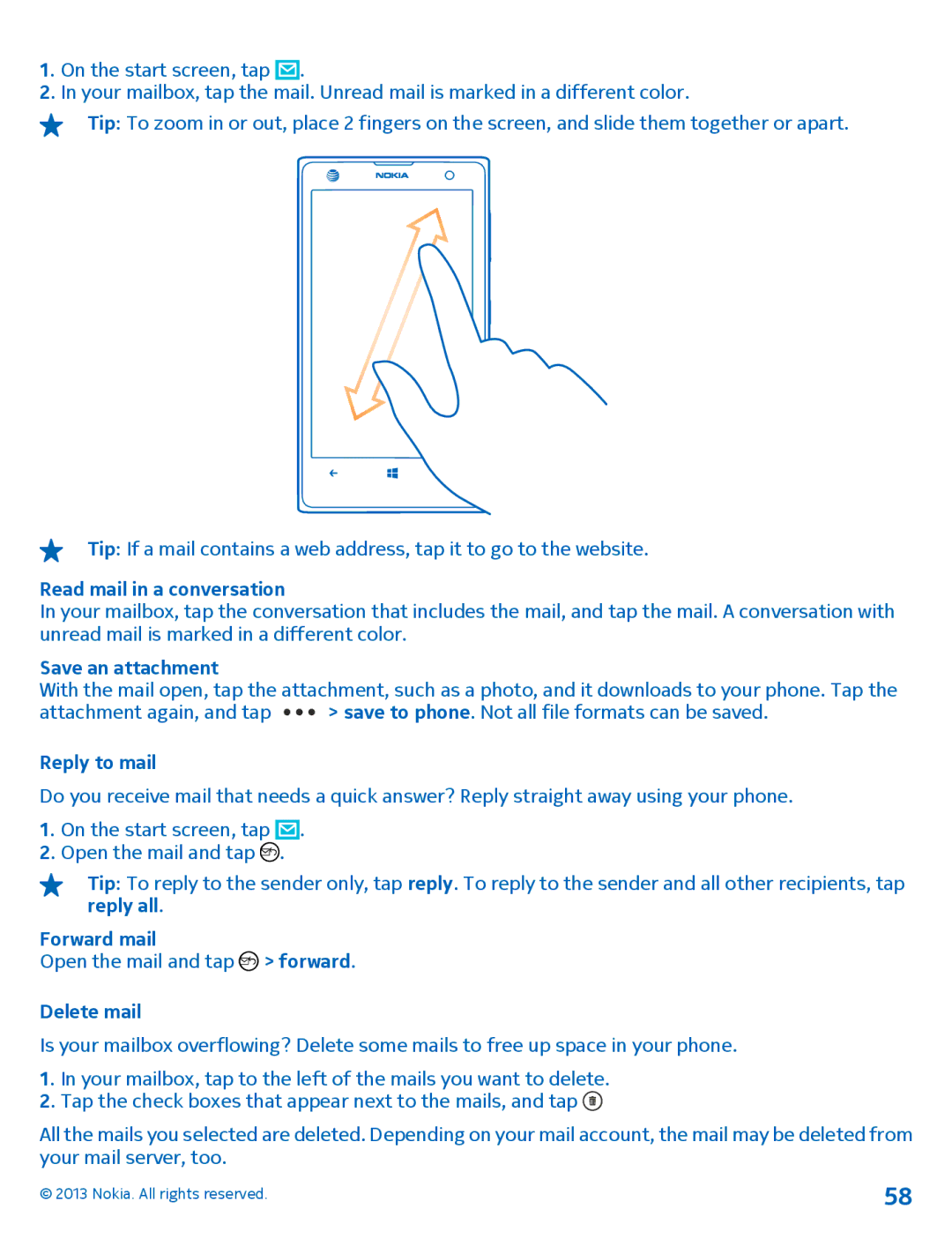 Nokia 1020 manual Read mail in a conversation, Reply to mail, Forward mail, Delete mail 