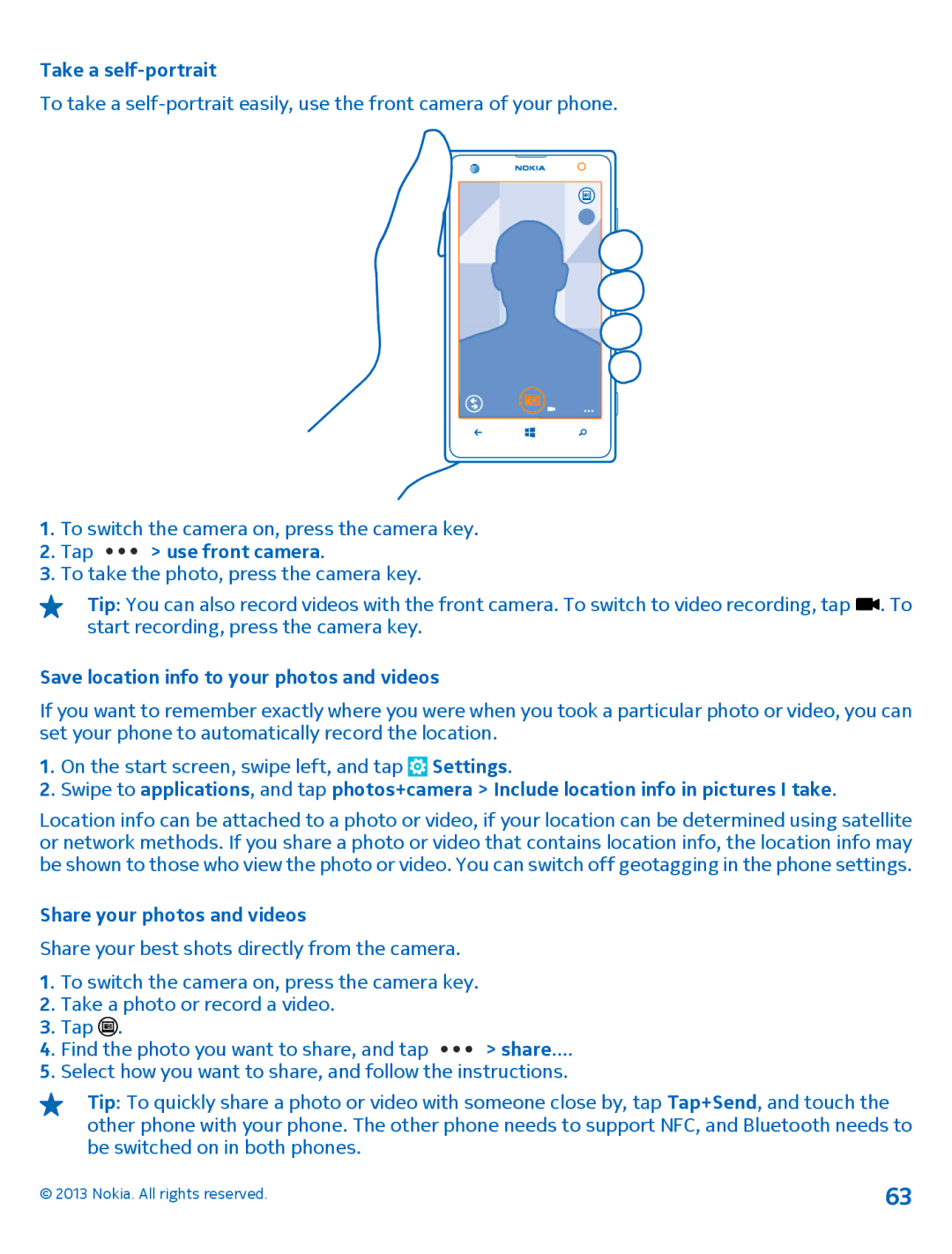 Nokia 1020 manual Take a self-portrait, Tap use front camera, Save location info to your photos and videos 