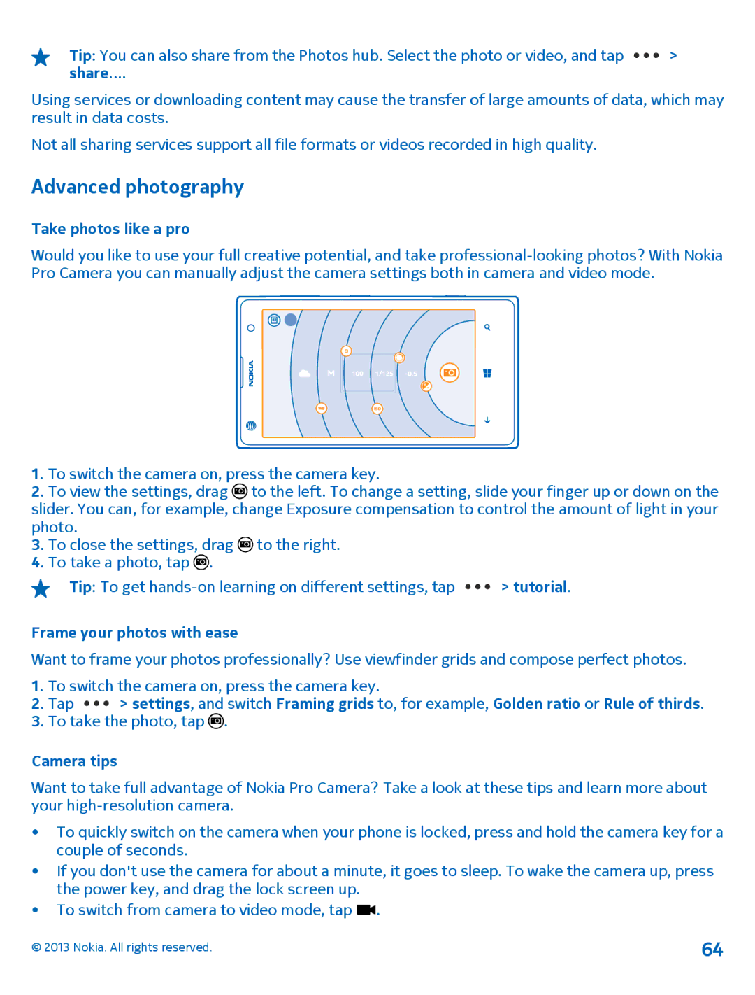 Nokia 1020 manual Advanced photography, Take photos like a pro, Frame your photos with ease, Camera tips 