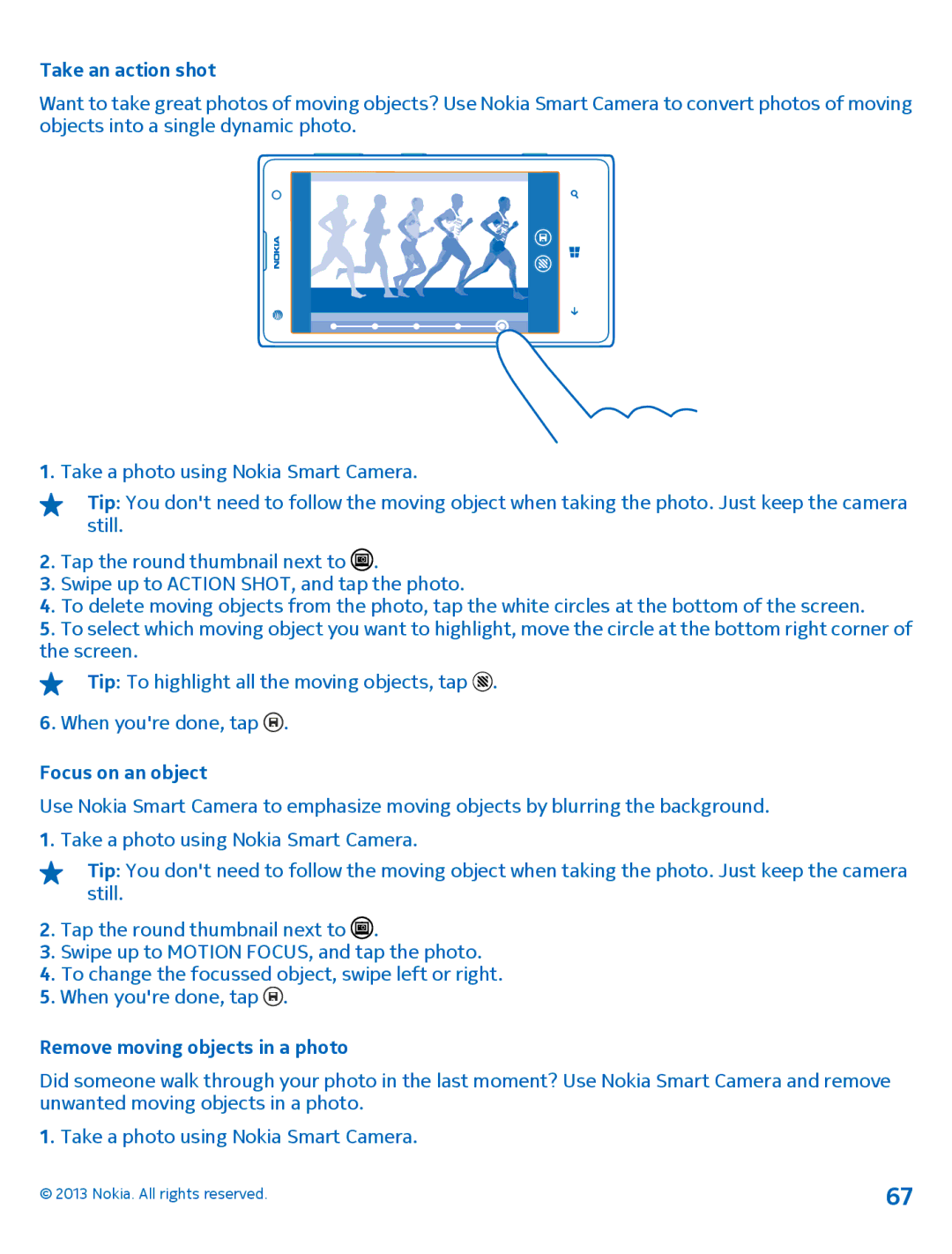 Nokia 1020 manual Take an action shot, Focus on an object, Remove moving objects in a photo 