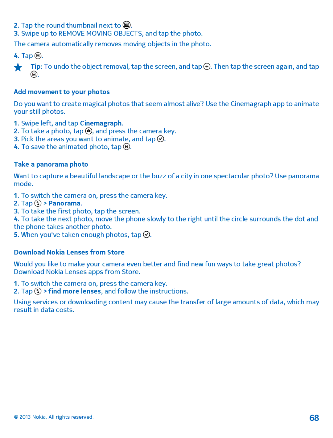 Nokia 1020 manual Add movement to your photos, Take a panorama photo, Download Nokia Lenses from Store 
