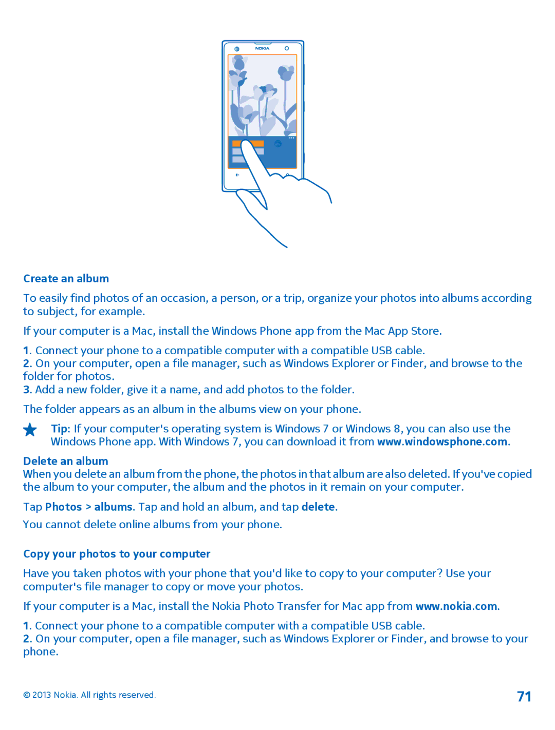 Nokia 1020 manual Create an album, Delete an album, Copy your photos to your computer 