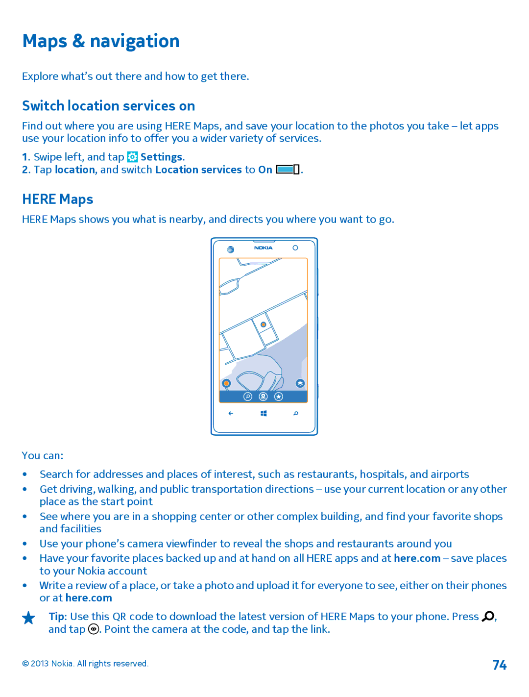 Nokia 1020 Maps & navigation, Switch location services on, Here Maps, Tap location, and switch Location services to On 