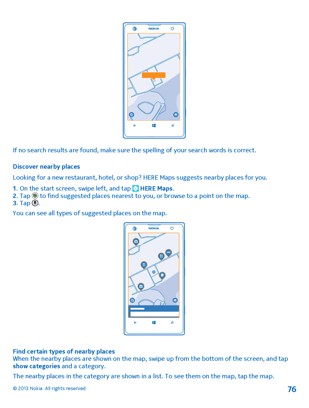 Nokia 1020 manual Discover nearby places, Find certain types of nearby places 