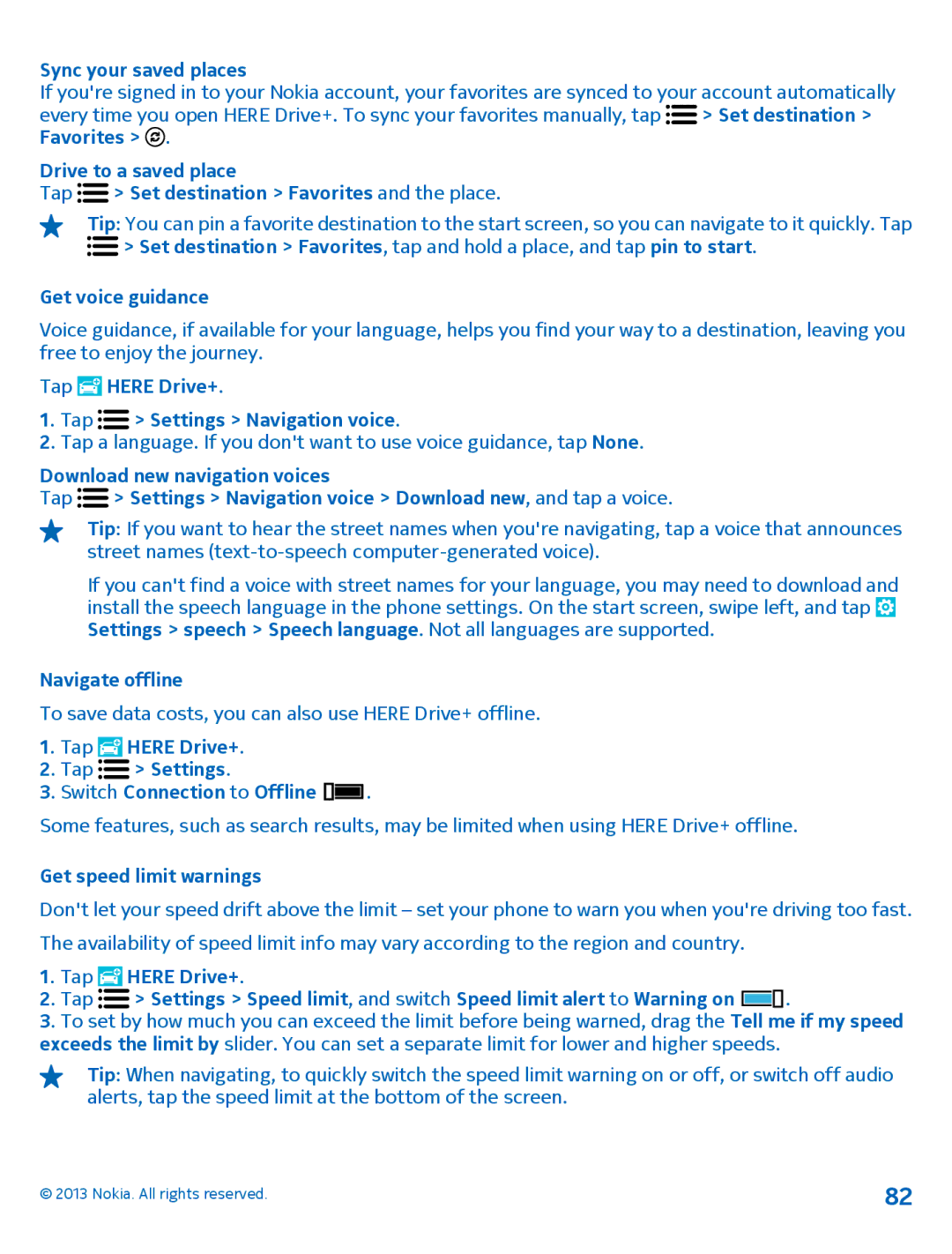 Nokia 1020 Get voice guidance, Tap Here Drive+ Tap Settings Navigation voice, Navigate offline, Get speed limit warnings 