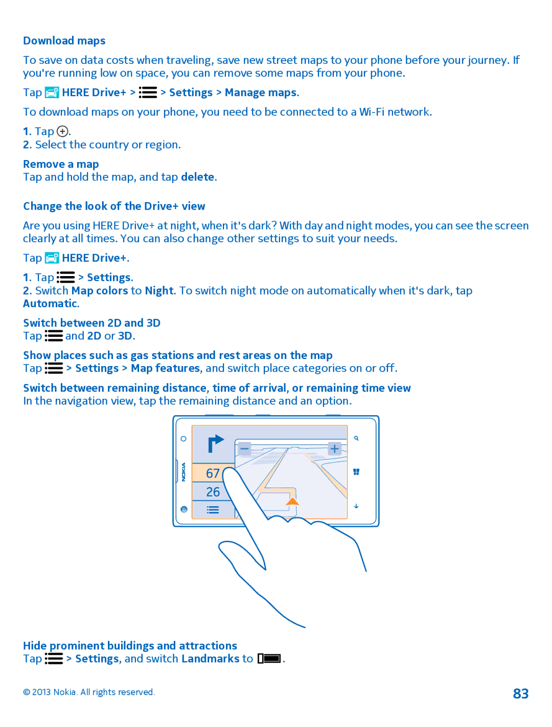 Nokia 1020 manual Download maps, Tap Here Drive+ Settings Manage maps, Remove a map, Change the look of the Drive+ view 