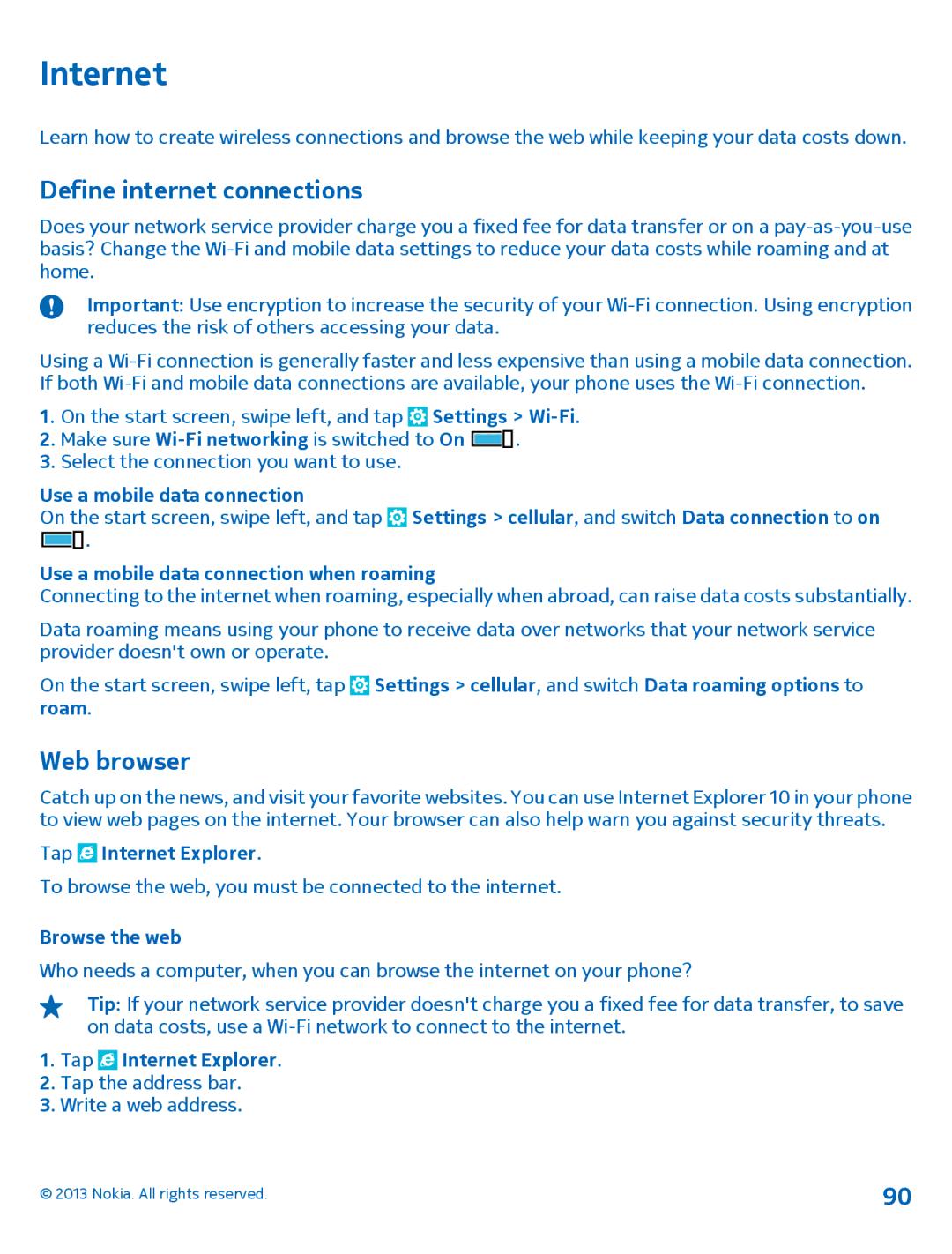 Nokia 1020 manual Internet, Define internet connections, Web browser 