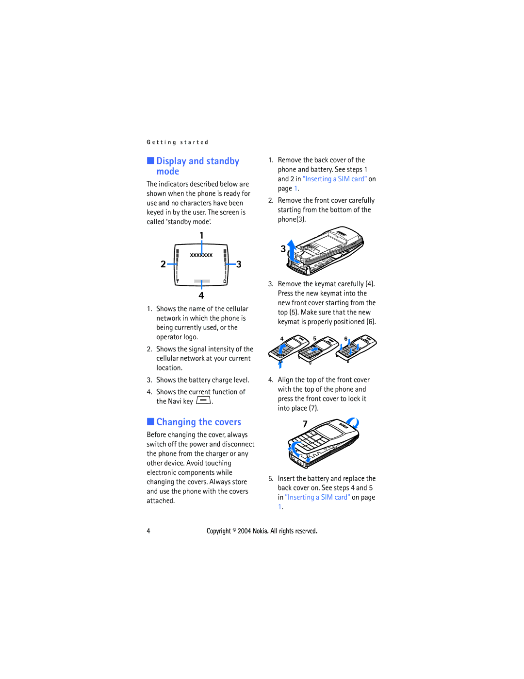 Nokia 1108 manual Display and standby mode, Changing the covers 