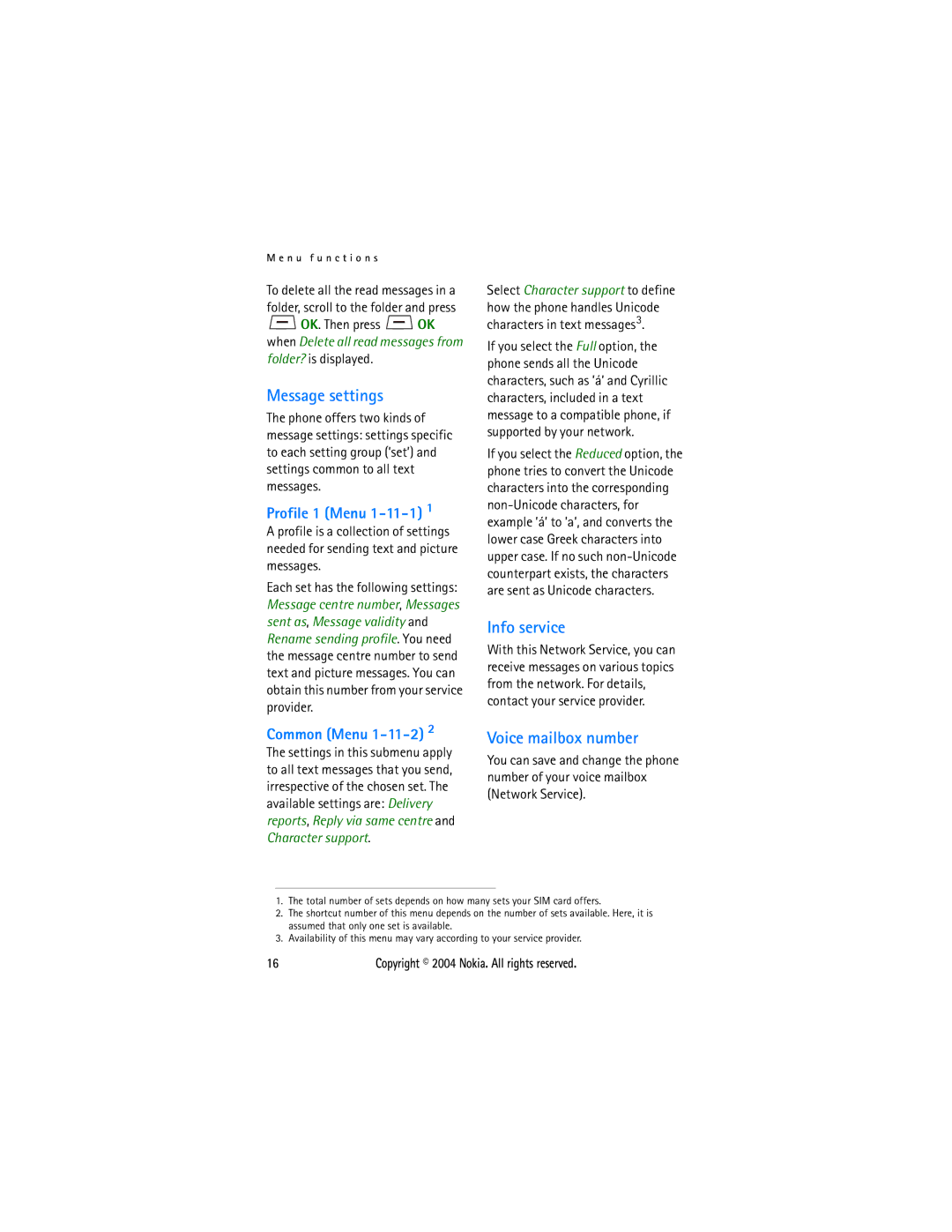 Nokia 1108 manual Message settings, Info service, Voice mailbox number, Profile 1 Menu 1-11-1, Common Menu 1-11-2 