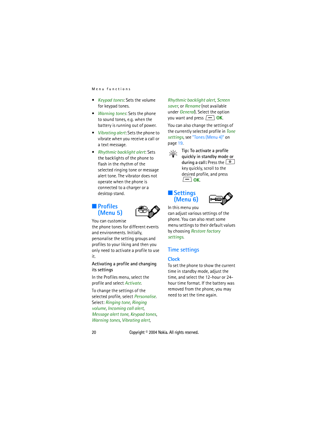 Nokia 1108 manual Profiles Menu, Settings Menu, Time settings, Clock, You want and press OK 