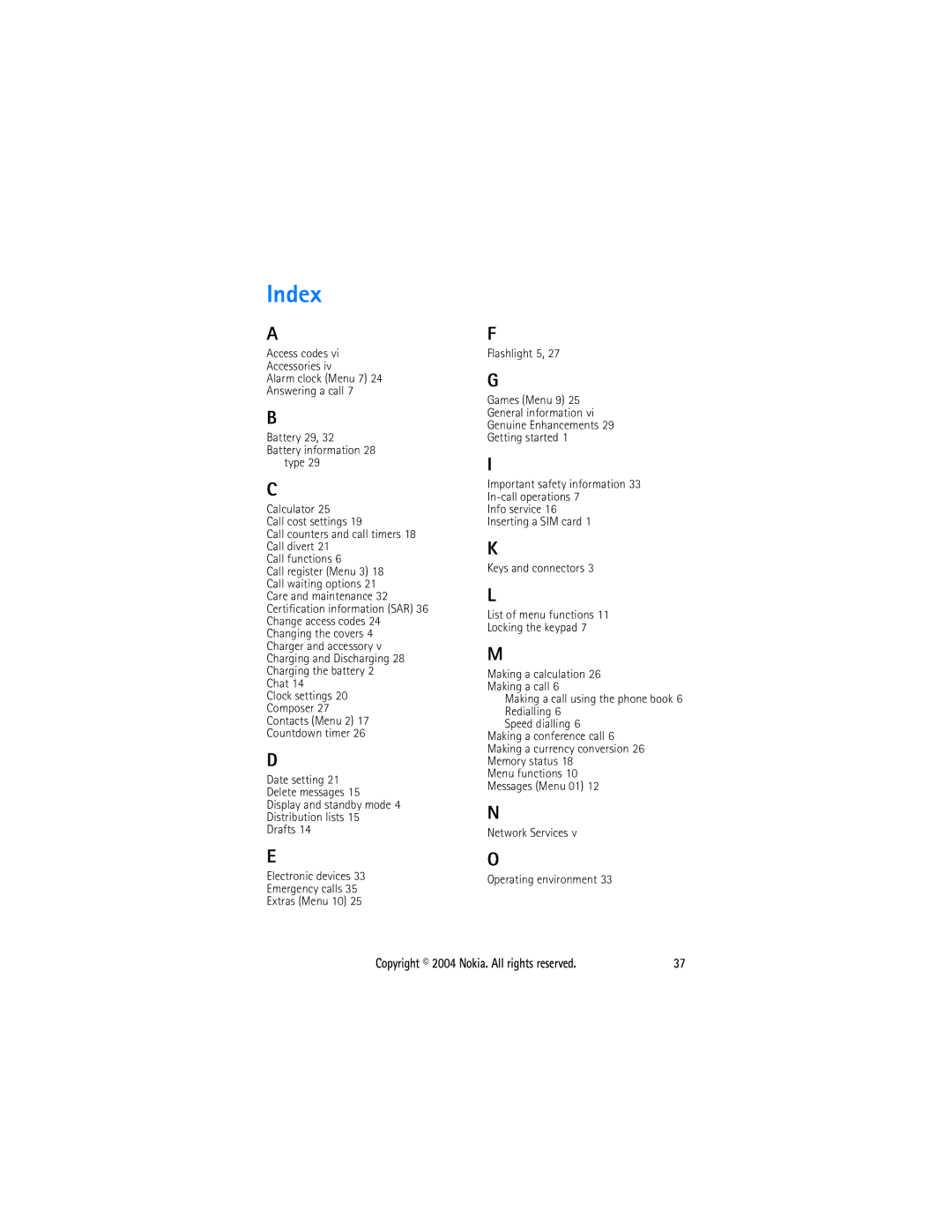 Nokia 1108 manual Index, Network Services Operating environment 