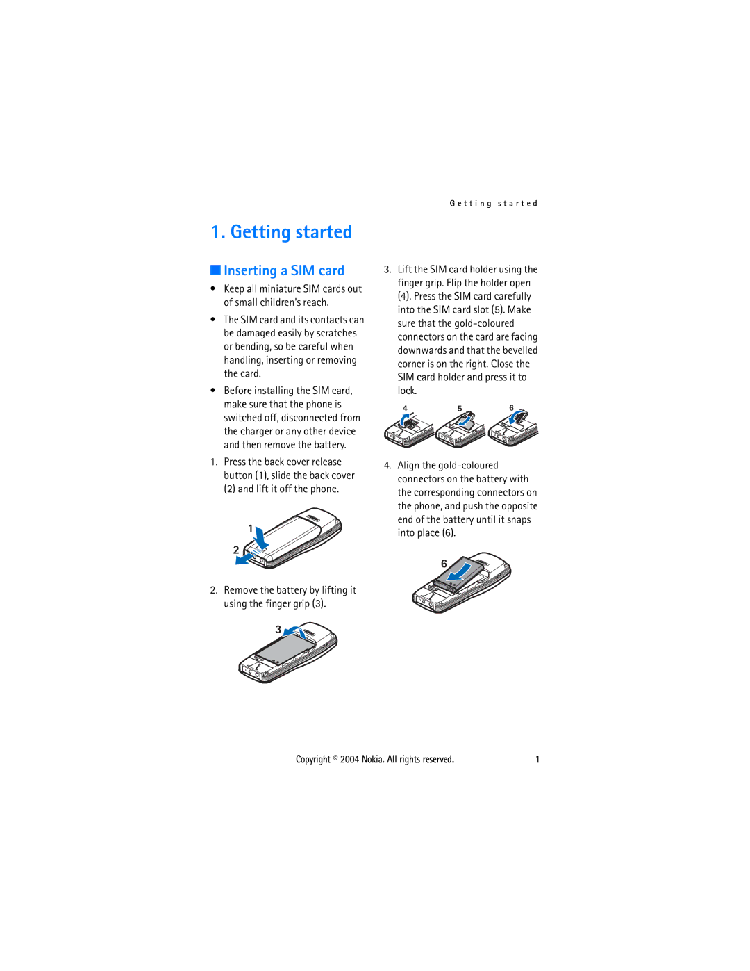 Nokia 1108 manual Getting started, Inserting a SIM card, Lift it off the phone 