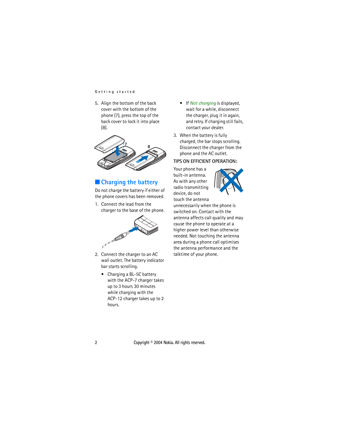 Nokia 1108 manual Charging the battery, Tips on Efficient Operation 