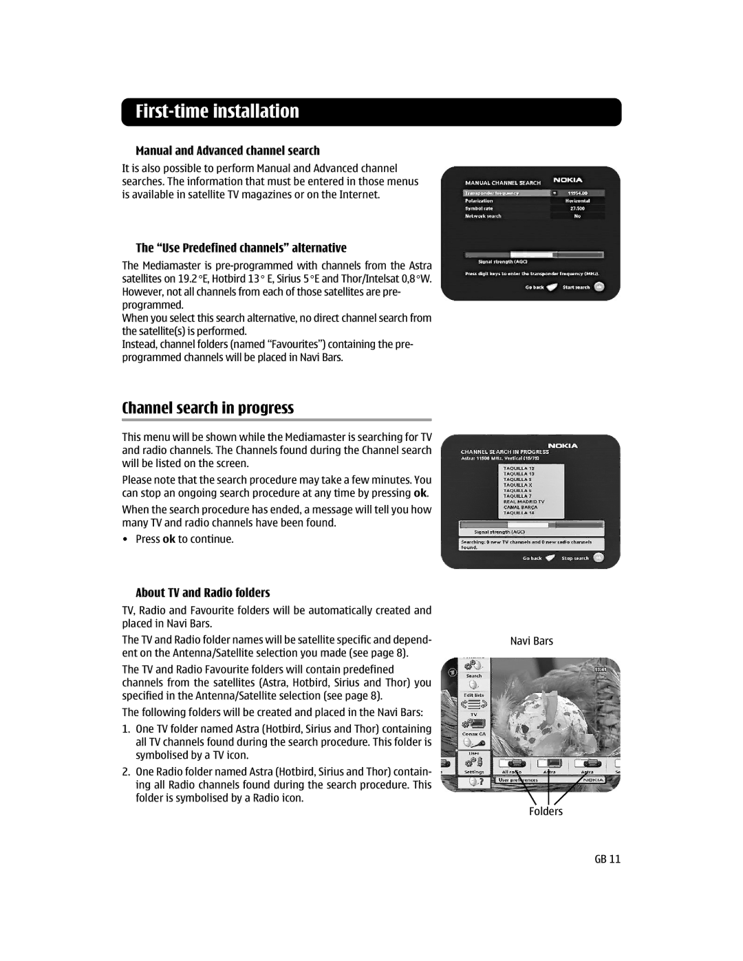 Nokia 110S manual Channel search in progress, Manual and Advanced channel search, Use Predefined channels alternative 