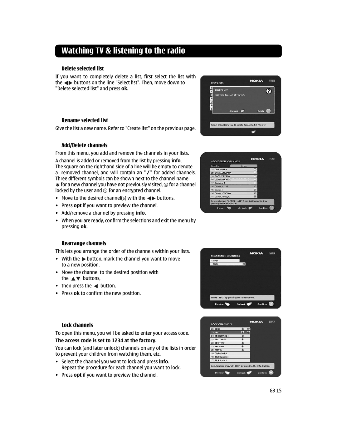Nokia 110S manual Delete selected list, Rename selected list, Add/Delete channels, Rearrange channels, Lock channels 