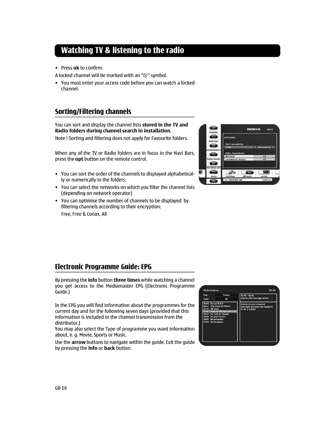 Nokia 110S manual Sorting/Filtering channels, Electronic Programme Guide EPG 