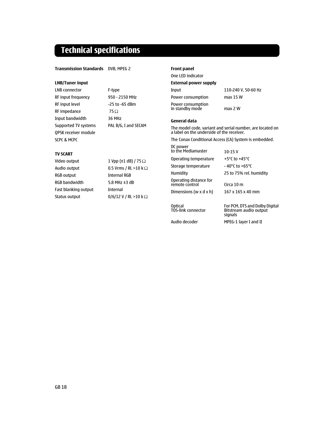 Nokia 110S manual Technical specifications, LNB/Tuner input 