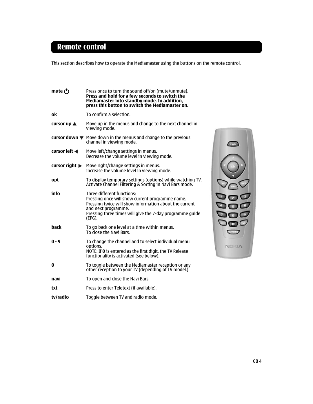 Nokia 110S manual Remote control 