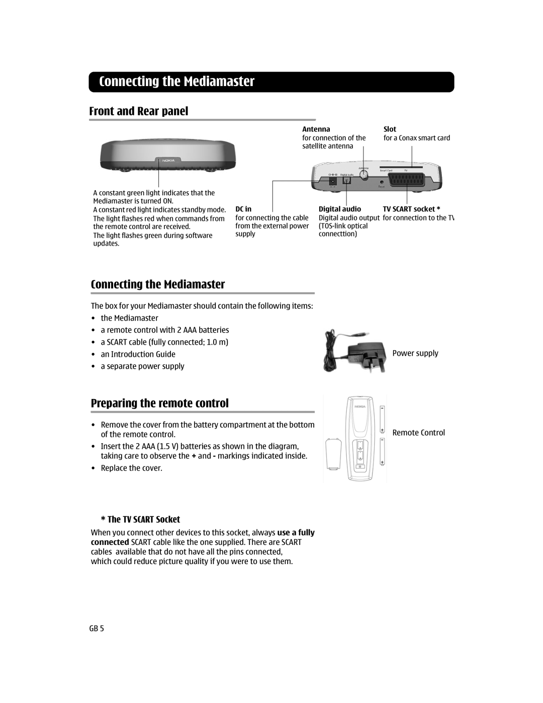 Nokia 110S manual Connecting the Mediamaster, Front and Rear panel, Preparing the remote control, TV Scart Socket 