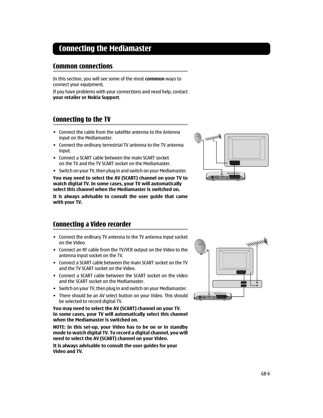 Nokia 110S manual Common connections, Connecting to the TV, Connecting a Video recorder 