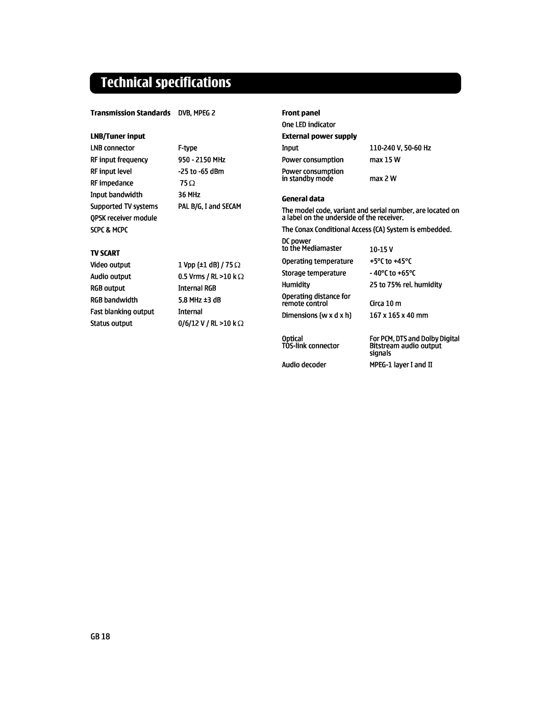 Nokia 110S manual Technical specifications, LNB/Tuner input, Front panel, External power supply, General data, Tv Scart 
