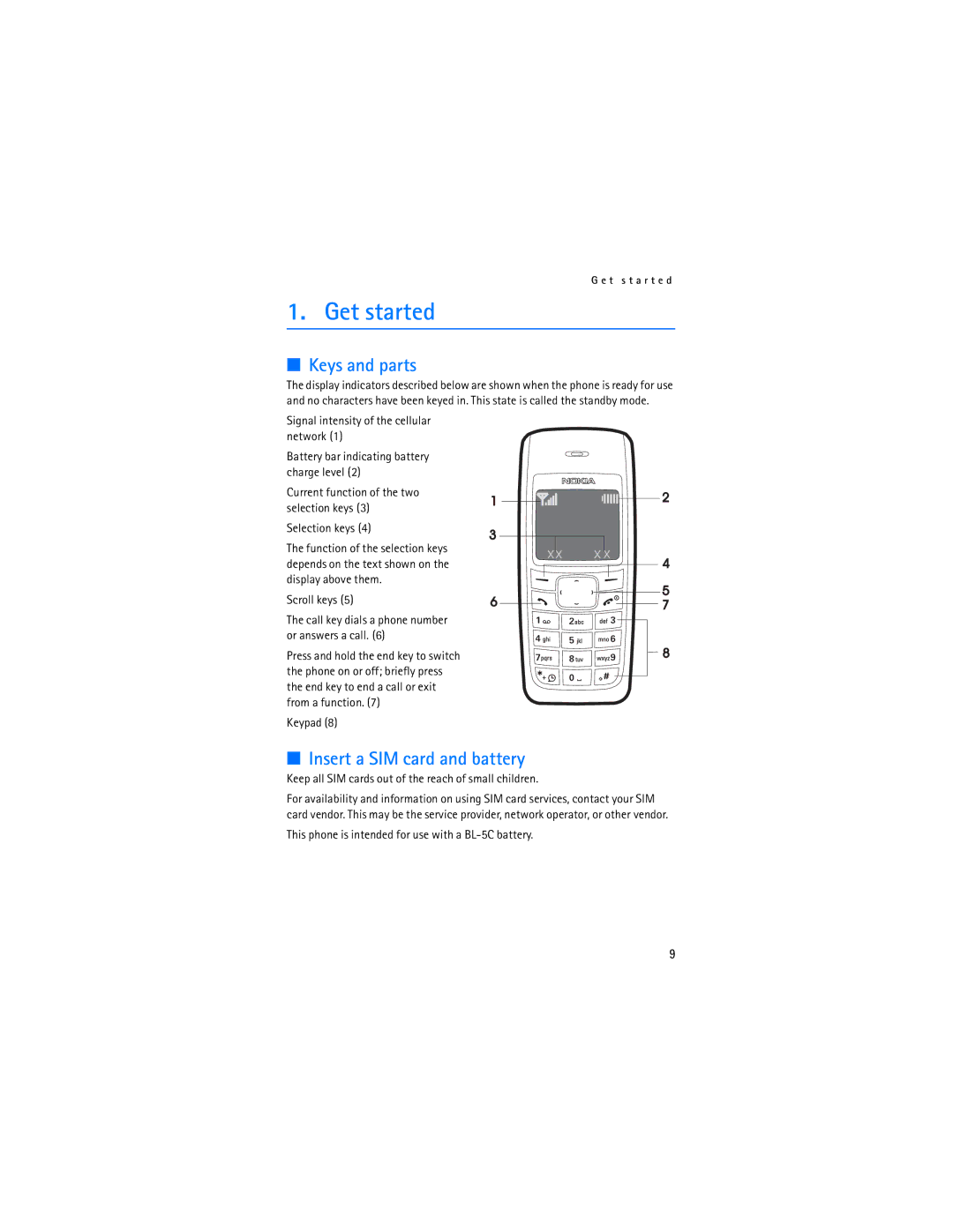 Nokia 1110 manual Get started, Keys and parts, Insert a SIM card and battery 