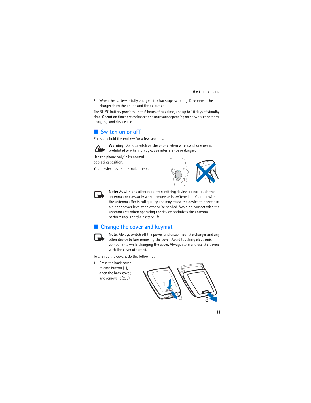 Nokia 1110 manual Switch on or off, Change the cover and keymat, To change the covers, do the following 