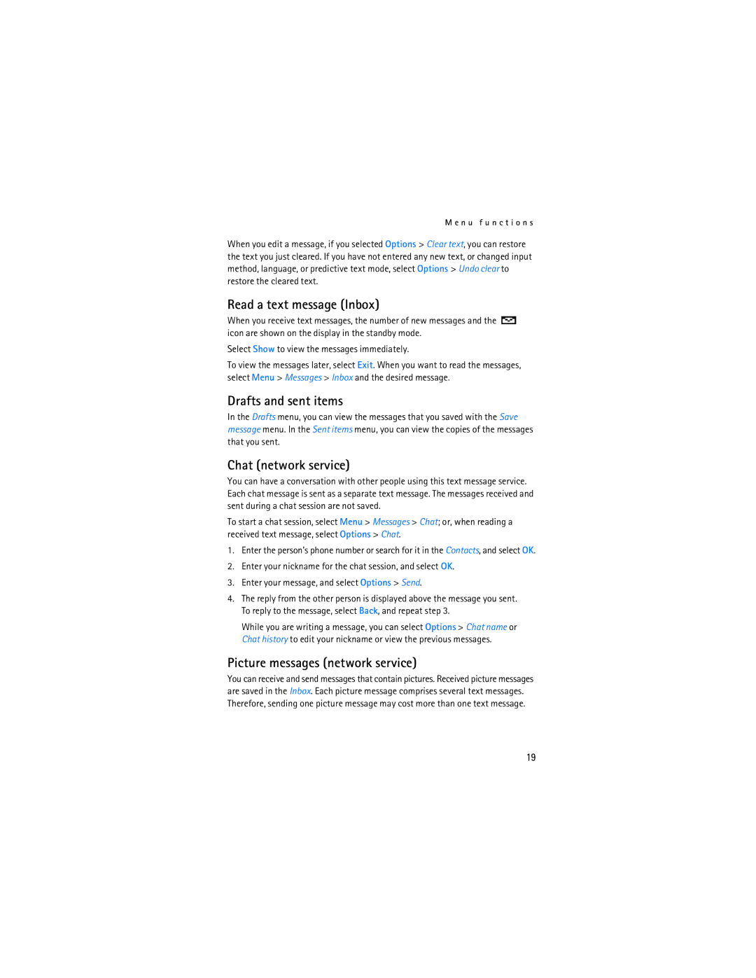 Nokia 1110 manual Read a text message Inbox, Drafts and sent items, Chat network service, Picture messages network service 