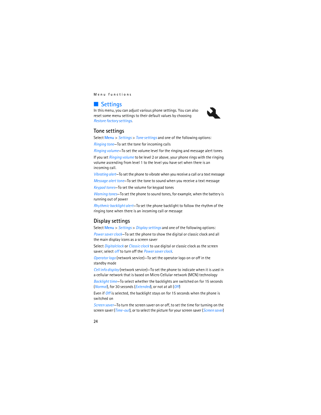 Nokia 1110 manual Settings, Tone settings, Display settings 