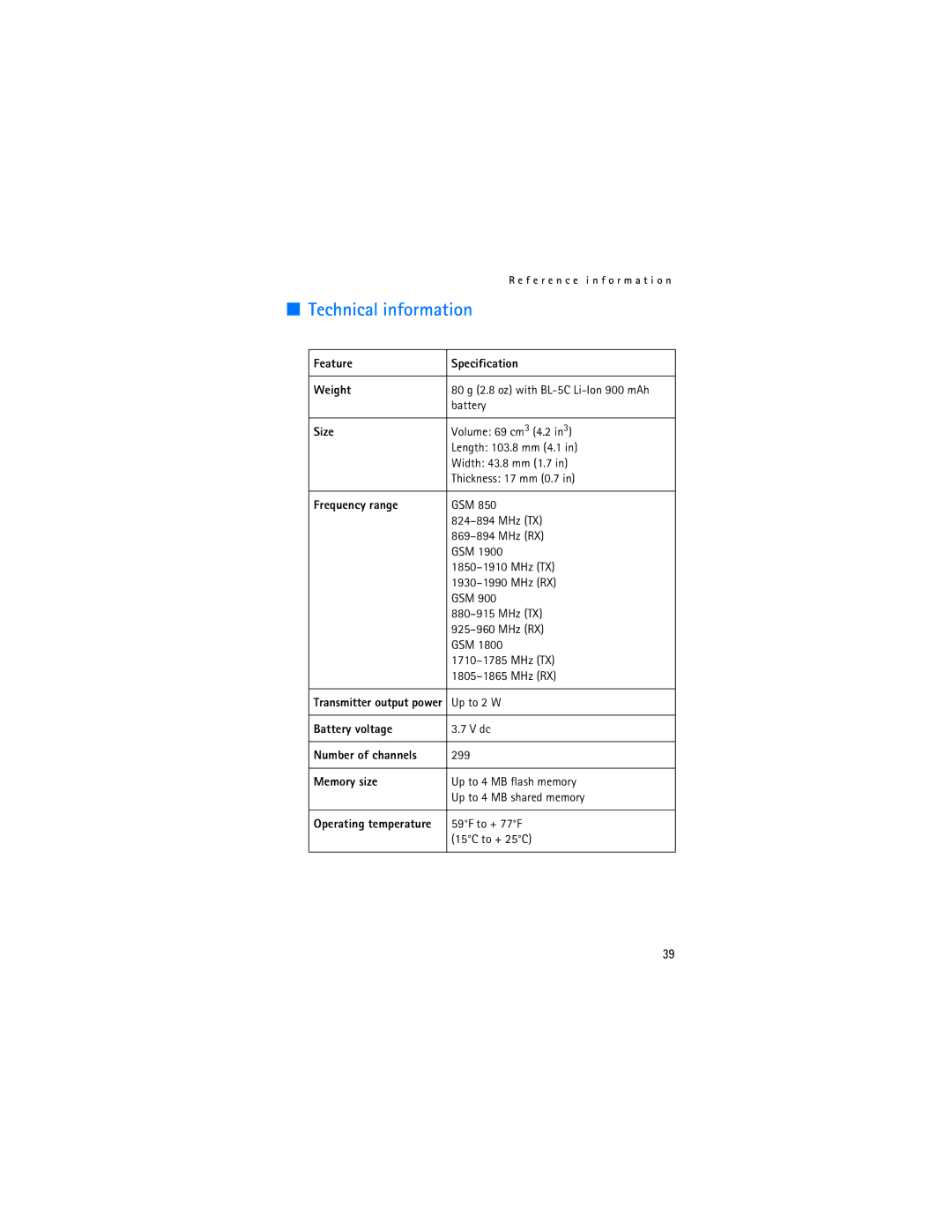 Nokia 1110 manual Technical information 