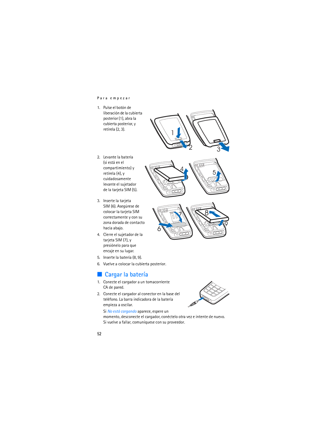 Nokia 1110 manual Cargar la batería, Inserte la batería 8 Vuelve a colocar la cubierta posterior 