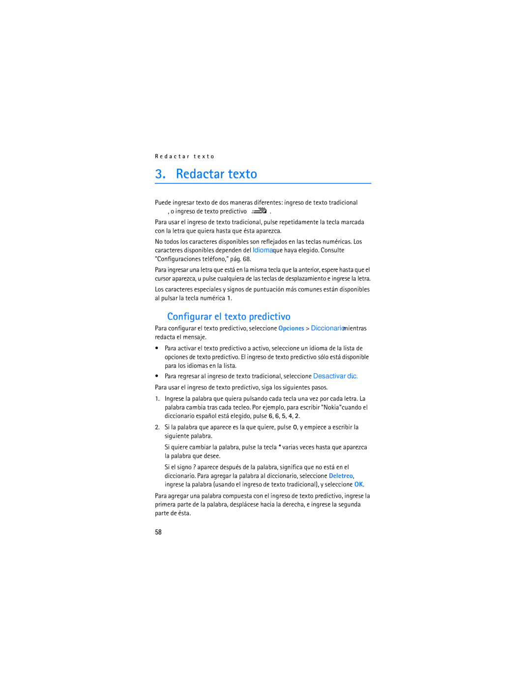 Nokia 1110 manual Redactar texto, Configurar el texto predictivo 