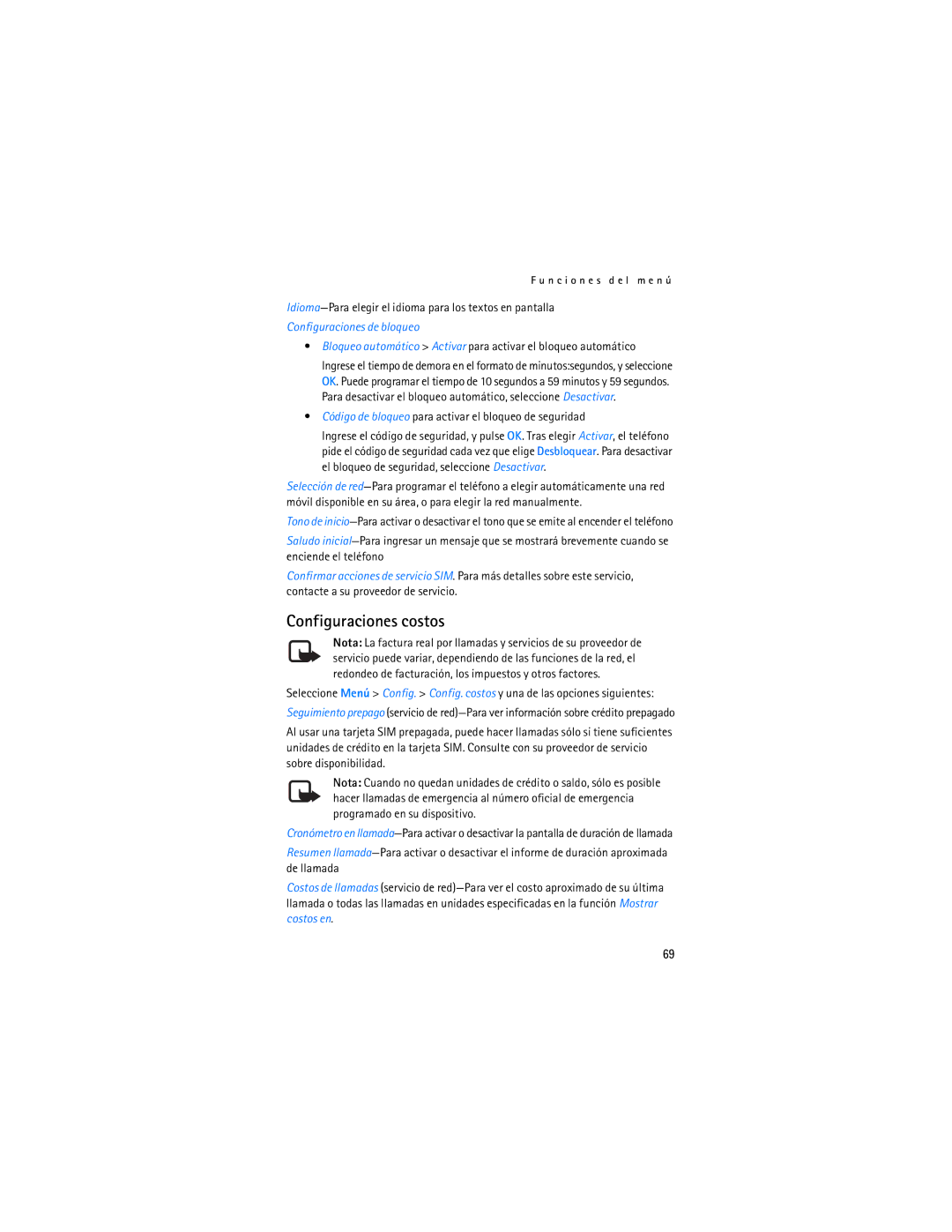 Nokia 1110 manual Configuraciones costos, Idioma-Para elegir el idioma para los textos en pantalla 