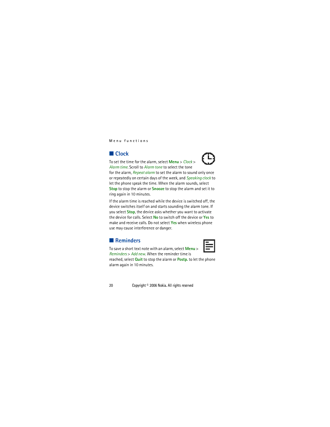 Nokia 1110I manual Clock, Reminders 