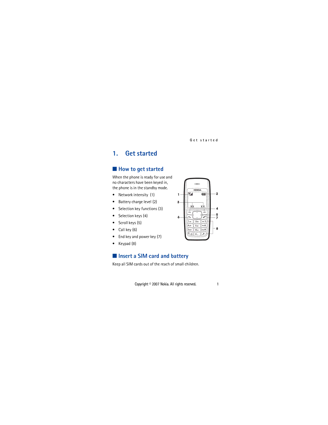 Nokia 1110I manual Get started, How to get started, Insert a SIM card and battery 