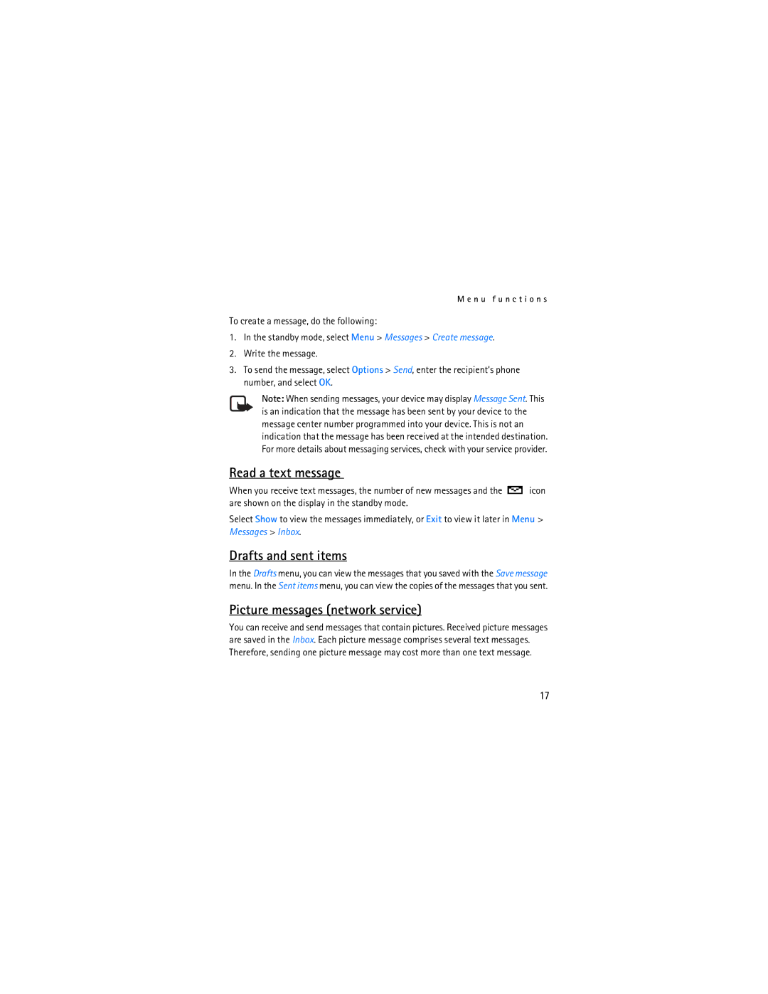 Nokia 1112 manual Read a text message, Drafts and sent items, Picture messages network service 