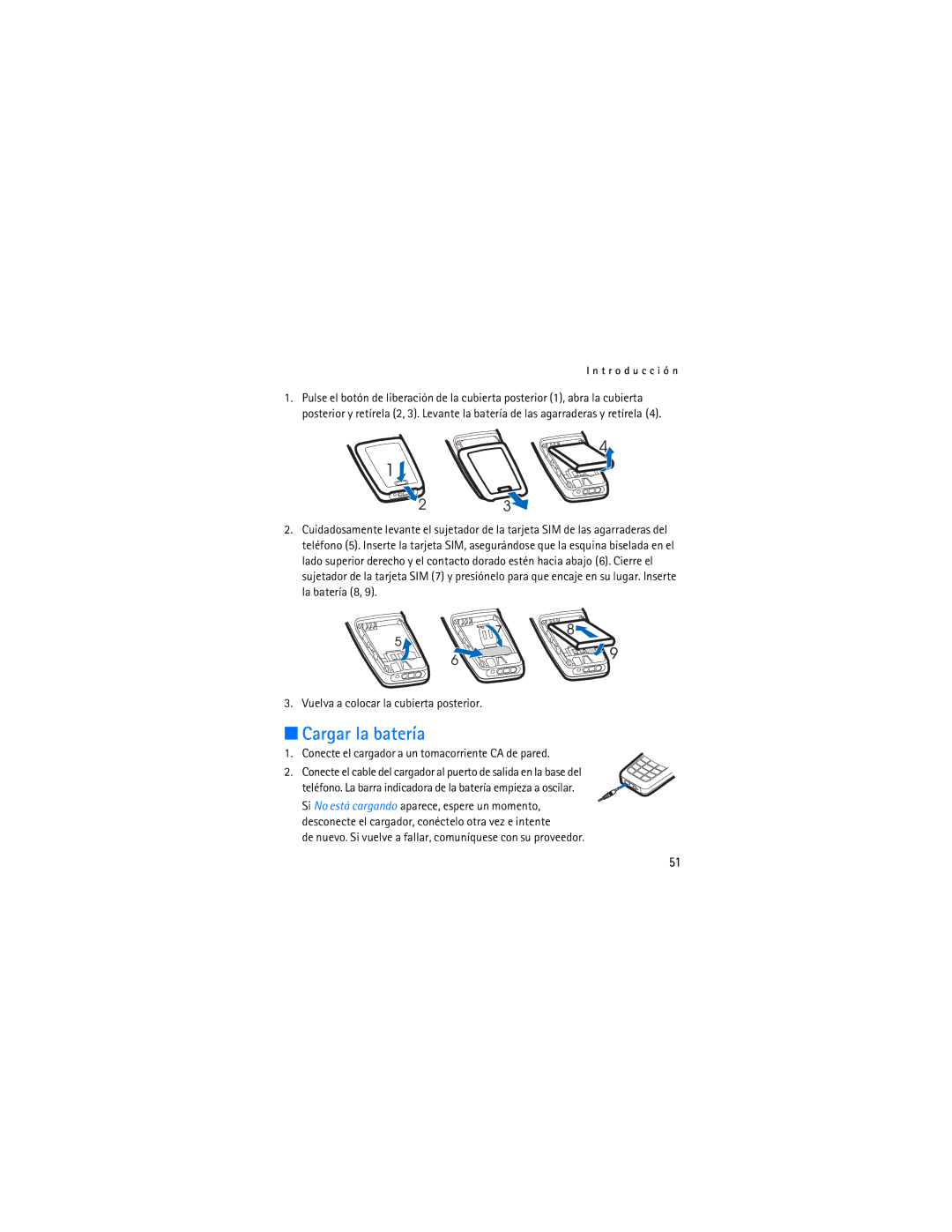 Nokia 1112 manual Cargar la batería, Vuelva a colocar la cubierta posterior 