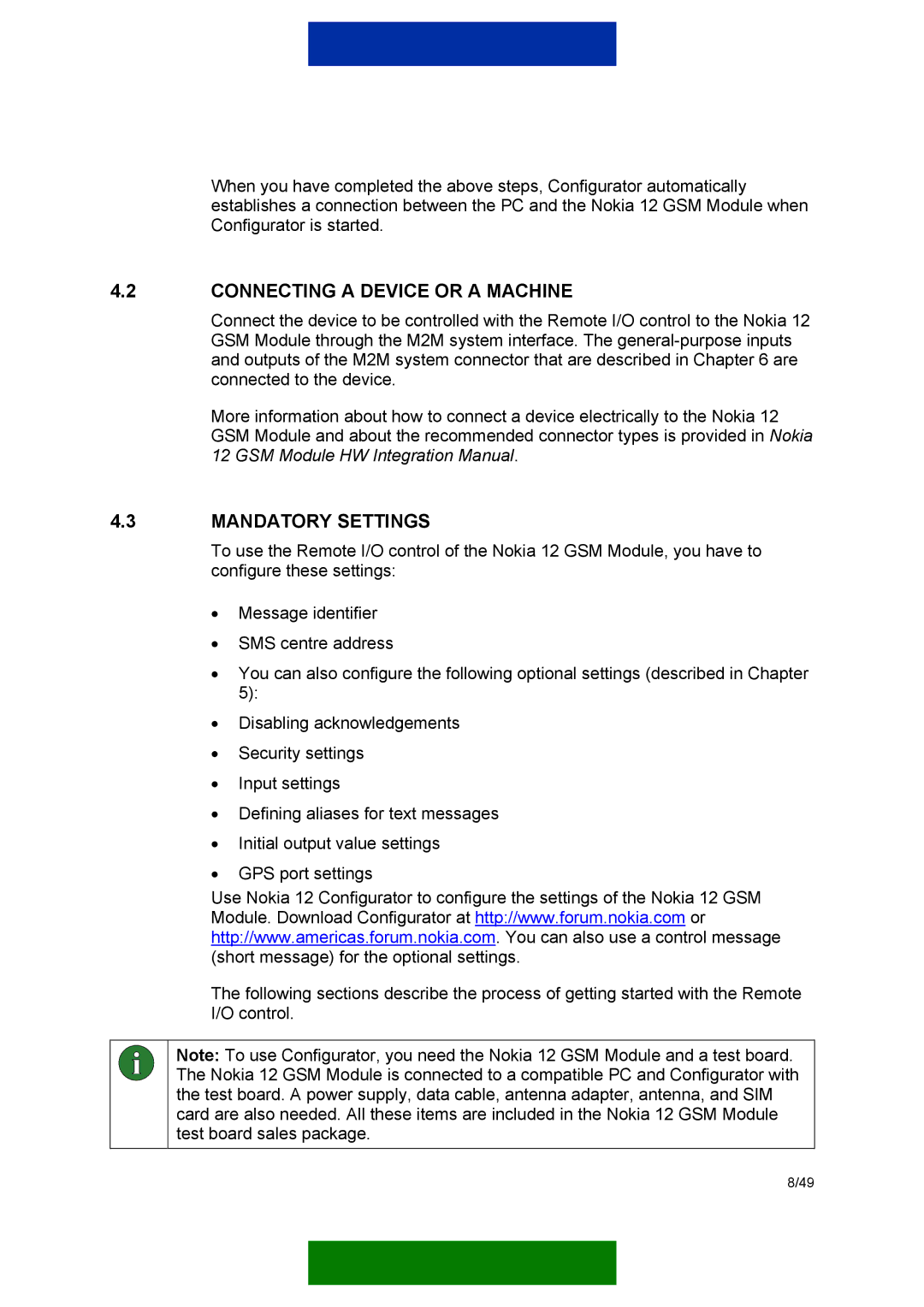 Nokia 12 GSM MODULE REMOTE I/O manual Connecting a Device or a Machine, Mandatory Settings 