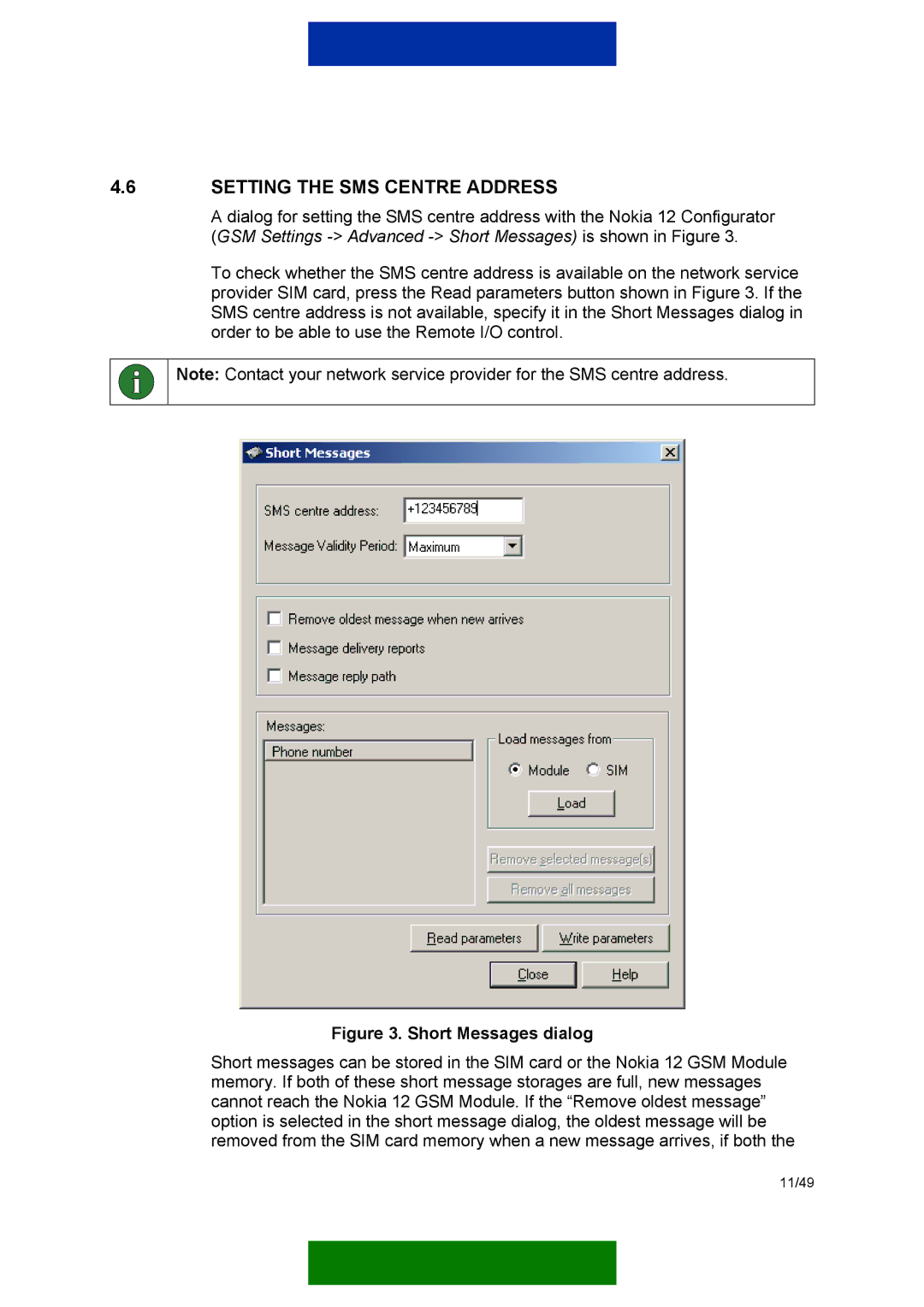 Nokia 12 GSM MODULE REMOTE I/O manual Setting the SMS Centre Address, Short Messages dialog 